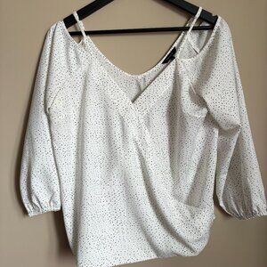 RW&Co. Polka Dot Faux Wrap Cold Shoulder Blouse